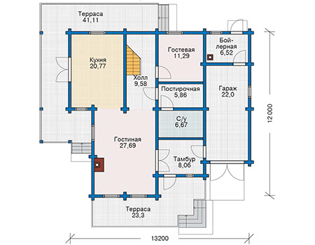 Планировка первого этажа :: Проект деревянного дома 12-82
