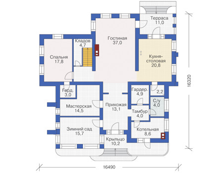 Планировка первого этажа :: Проект дома из газобетона 54-41
