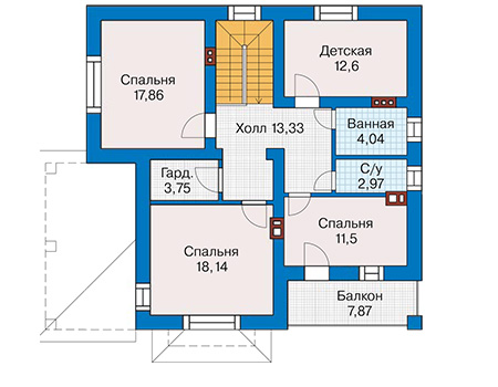 Планировка второго этажа :: Проект дома из газобетона 63-55